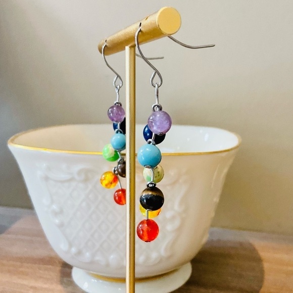 New Multi Color Stylish & Creative Stone Ball Bead Decor Dangle Drop Earrings - Picture 4 of 8